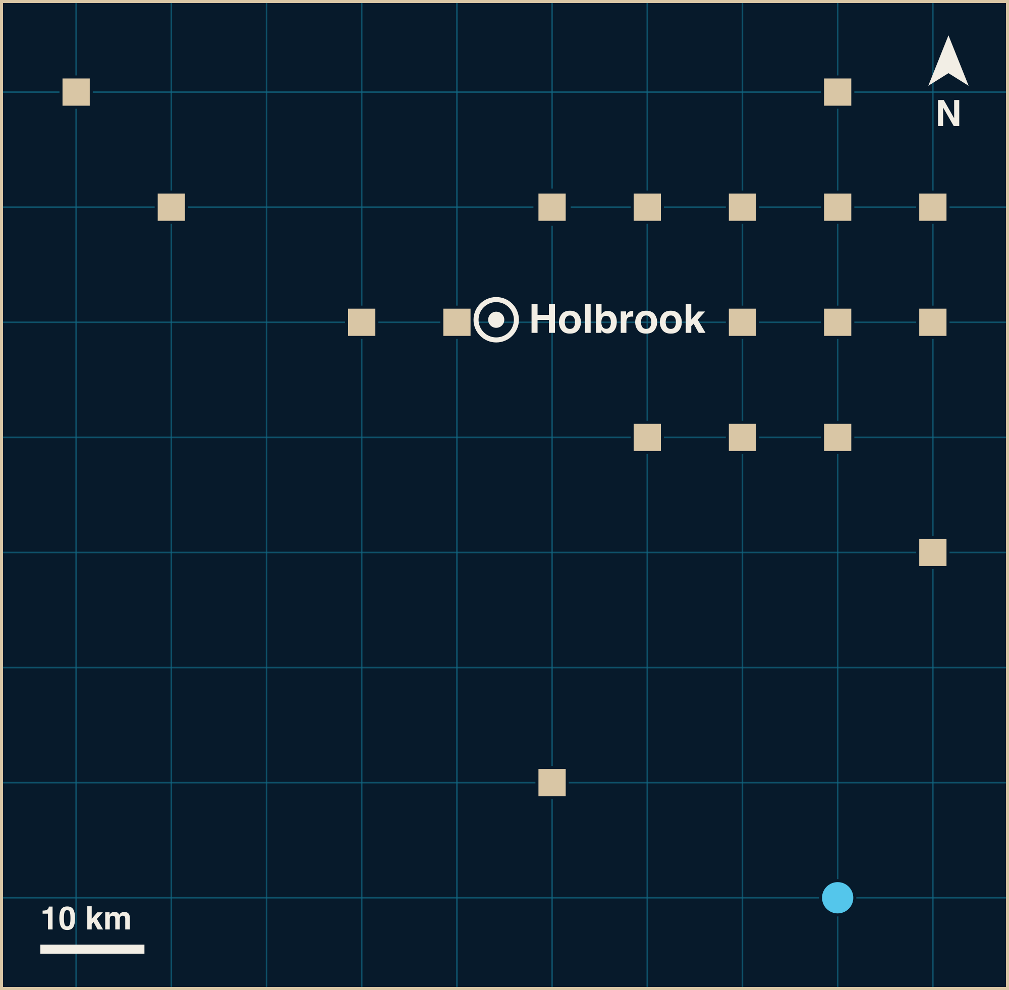A grid map with a white pin for Holbrook, and 2 blue circles for marine finds and 18 sand-coloured squares for land finds around it. The nearest mark sits about 4 km from the pin and the farthest about 64 km.