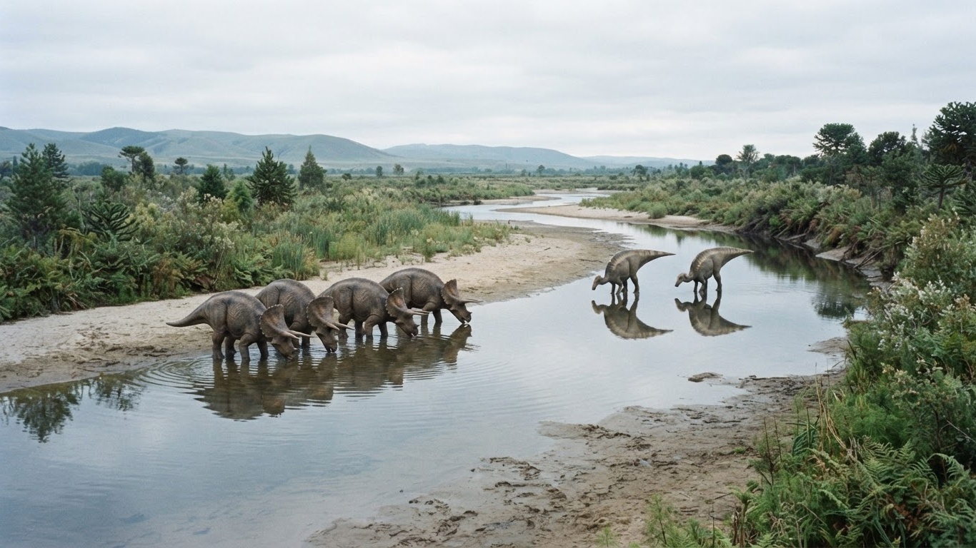 An illustrated shallow river across a floodplain under overcast light, with several large plant-eating dinosaurs standing in the shallows drinking, reflected in the still water.