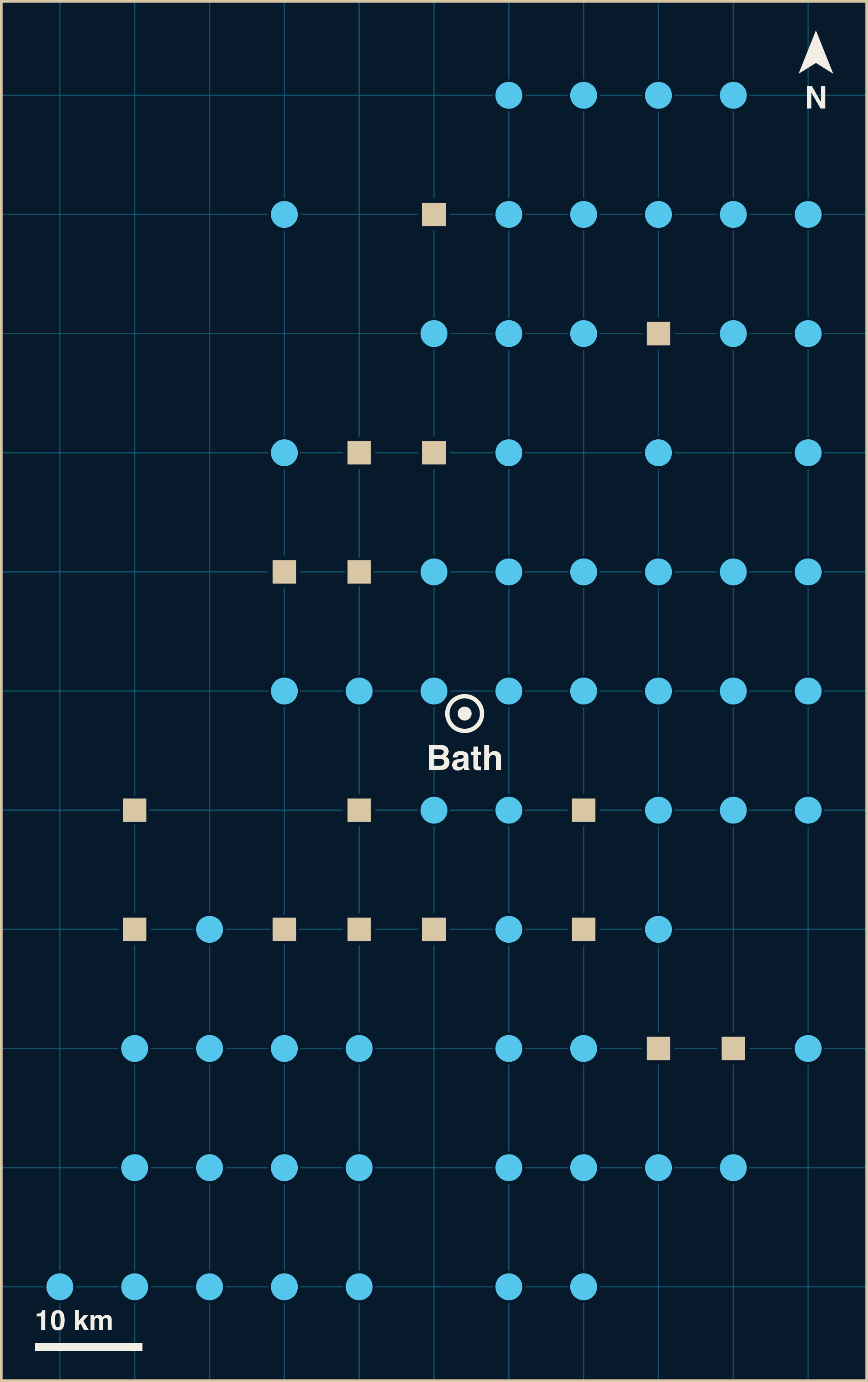 A grid map with a white pin for Bath, and 76 blue circles for marine finds and 16 sand-coloured squares for land finds around it. The nearest mark sits about 4 km from the pin and the farthest about 65 km.