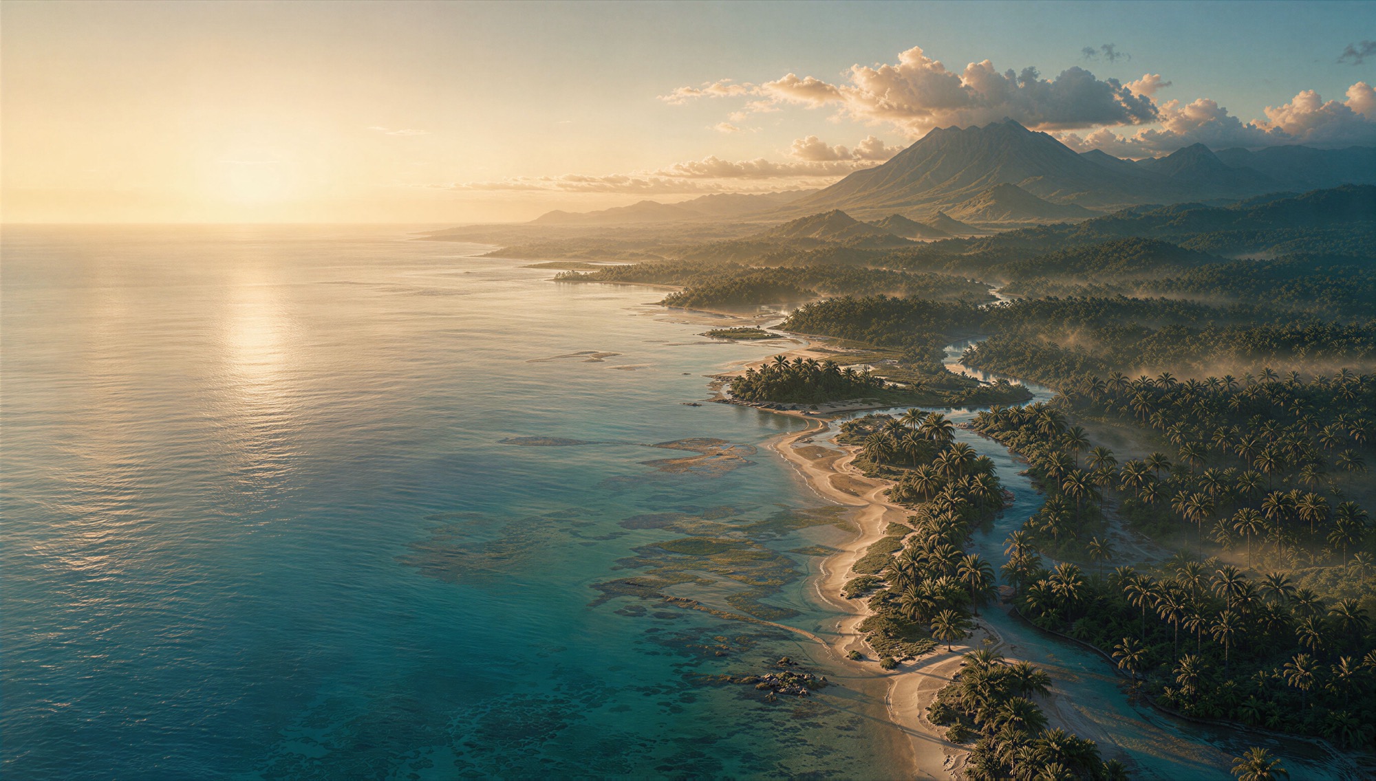 An illustrated coastline from above at golden hour, a shallow blue-green sea lapping pale sandbars, dense forest inland with rivers threading out to the sea, mountains in the distance.