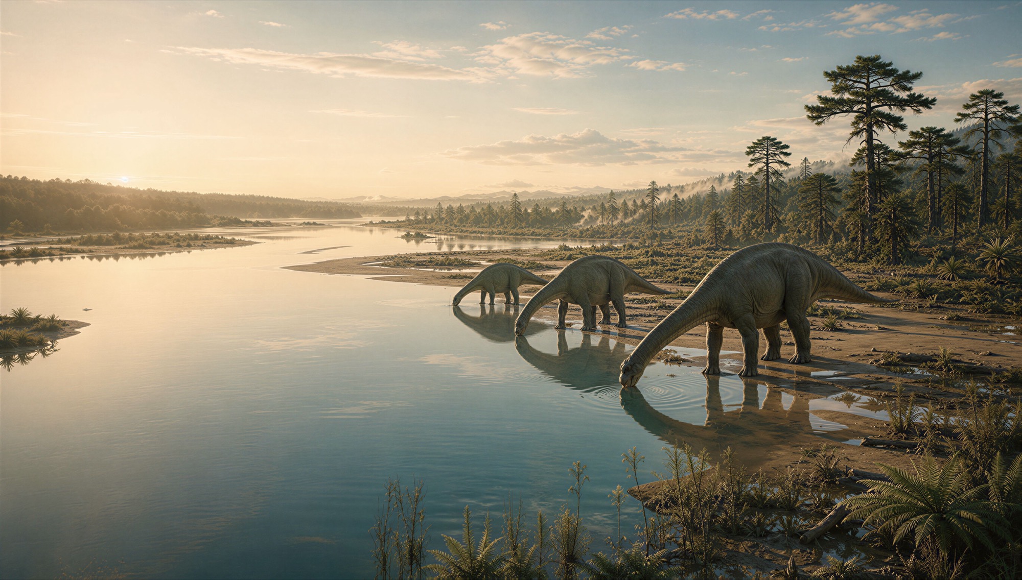 An illustrated wide floodplain in warm morning light, several large long-necked plant-eating dinosaurs standing in a shallow river drinking, their reflections in the still water, ferns and conifers along the banks.