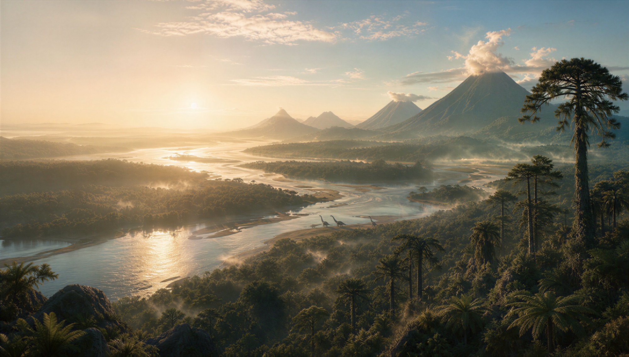 An illustrated wide river valley at golden dawn, mist on the water, tall conifers and tree ferns along the banks, distant volcanic peaks, and a few tiny long-necked animals far away at a river bend.