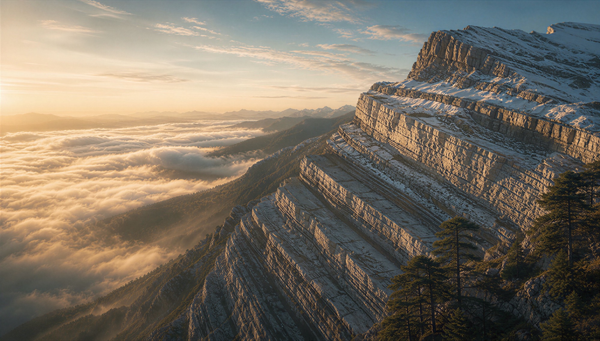 An illustrated mountain face of tilted layered rock at sunrise, bands of pale stone catching gold light, snow on the ridge, cloud filling the valley below.