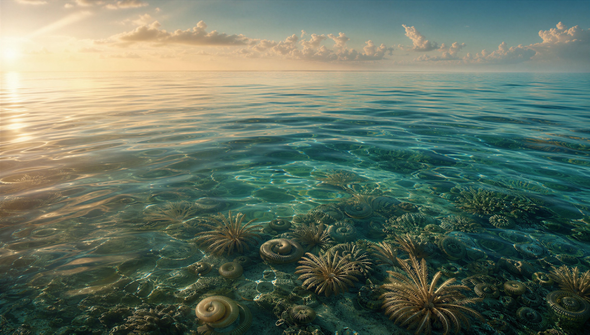 An illustrated calm shallow sea at golden hour seen from just above the surface, coiled shells and feathery sea lilies visible on the sea floor through clear turquoise water.
