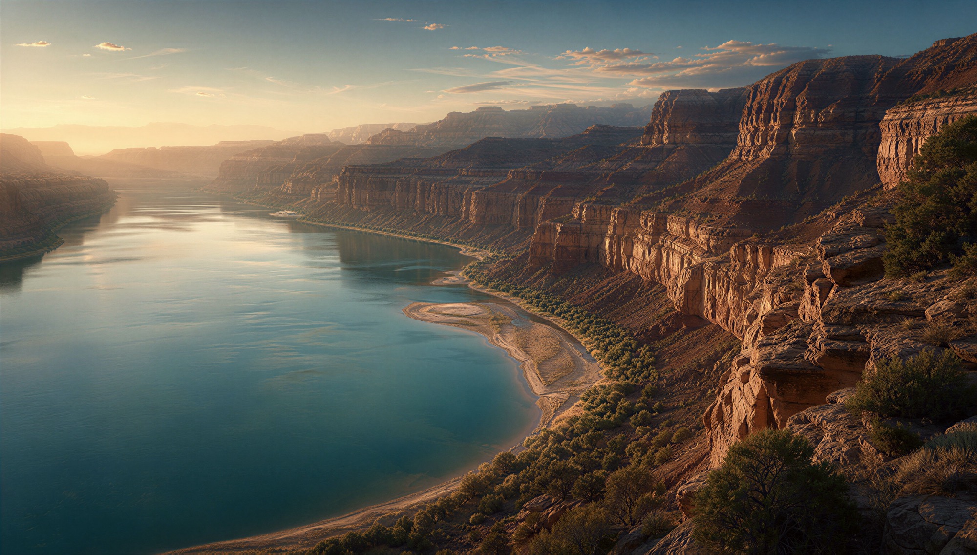 An illustrated river winding through a deep canyon of layered red and gold rock at low sun, long shadows across the strata, the water bright below.