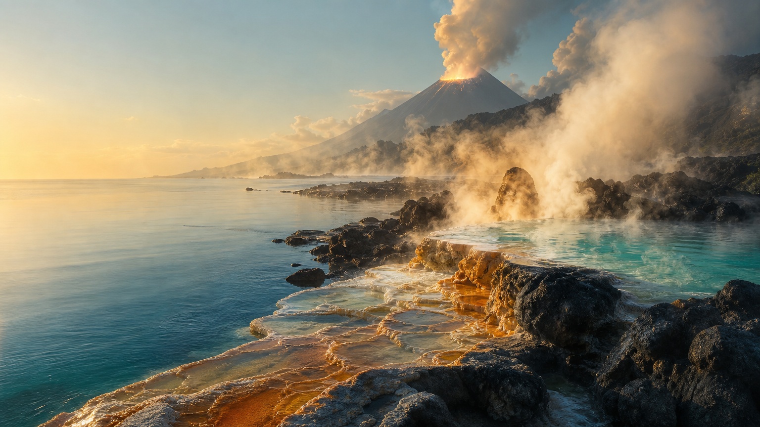 An illustrated volcanic coastline at sunrise, black rock and a turquoise hot spring at the sea's edge, white steam lit gold, a distant volcanic cone with a faint plume.