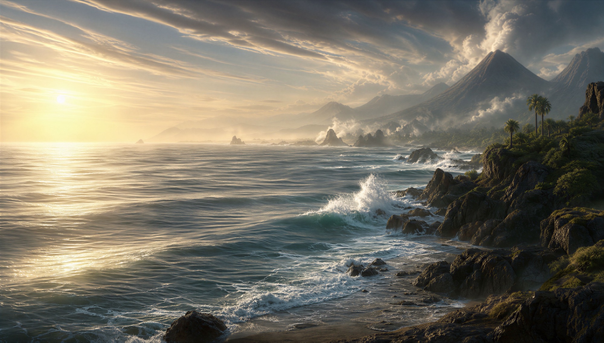 An illustrated ocean shore at a bright dawn, huge waves breaking on dark rock, volcanic islands steaming on the horizon under a sky streaked with pale light.