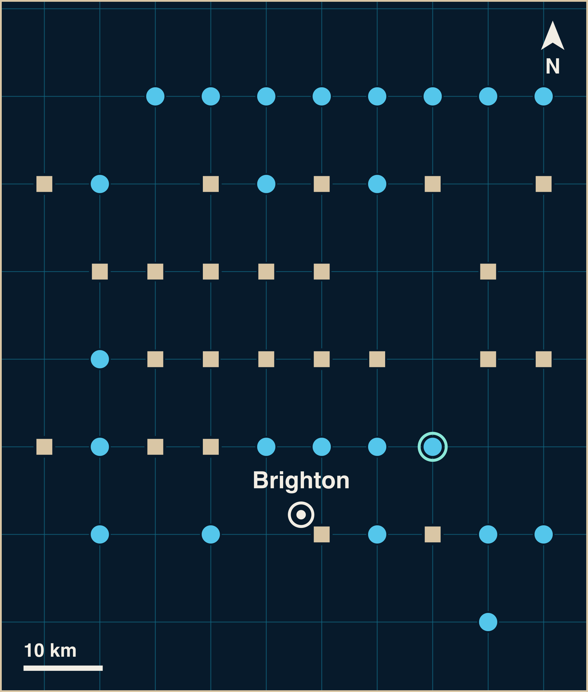 A grid map with a white pin for Brighton, and 35 blue circles for marine finds, 23 sand-coloured squares for land finds and 1 open green ring for unclassified finds around it. The nearest mark sits about 4 km from the pin and the farthest about 61 km.