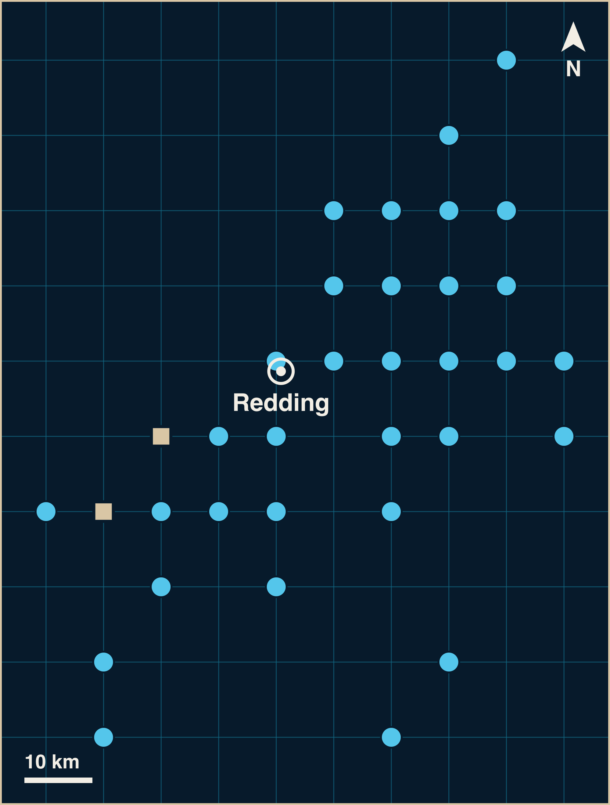 A grid map with a white pin for Redding, and 34 blue circles for marine finds and 2 sand-coloured squares for land finds around it. The nearest mark sits about 2 km from the pin and the farthest about 60 km.