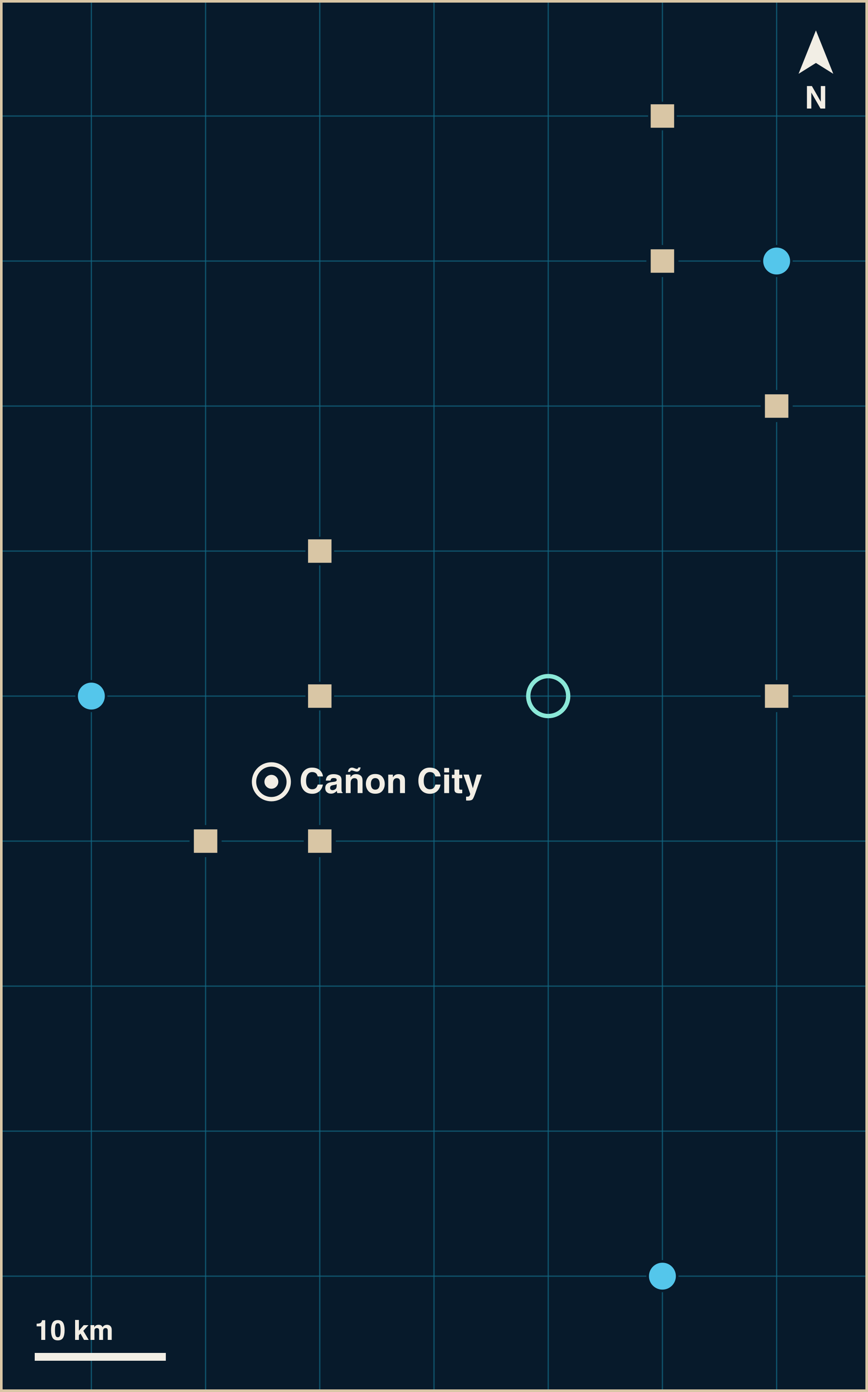 A grid map with a white pin for Cañon City, and 8 blue circles for marine finds, 8 sand-coloured squares for land finds and 1 open green ring for unclassified finds around it. The nearest mark sits about 6 km from the pin and the farthest about 59 km.
