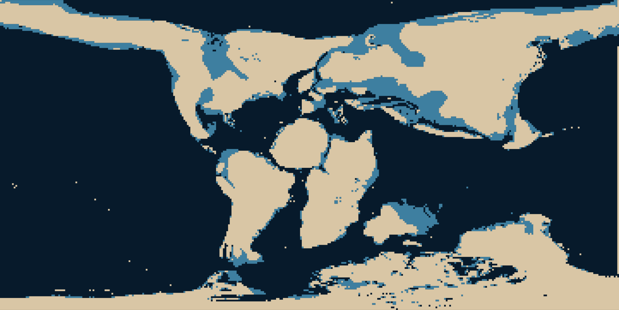 A flat world map about 100 million years ago drawn from a palaeogeographic elevation model: sand-coloured land, mid-blue shallow sea and dark-blue deep ocean.