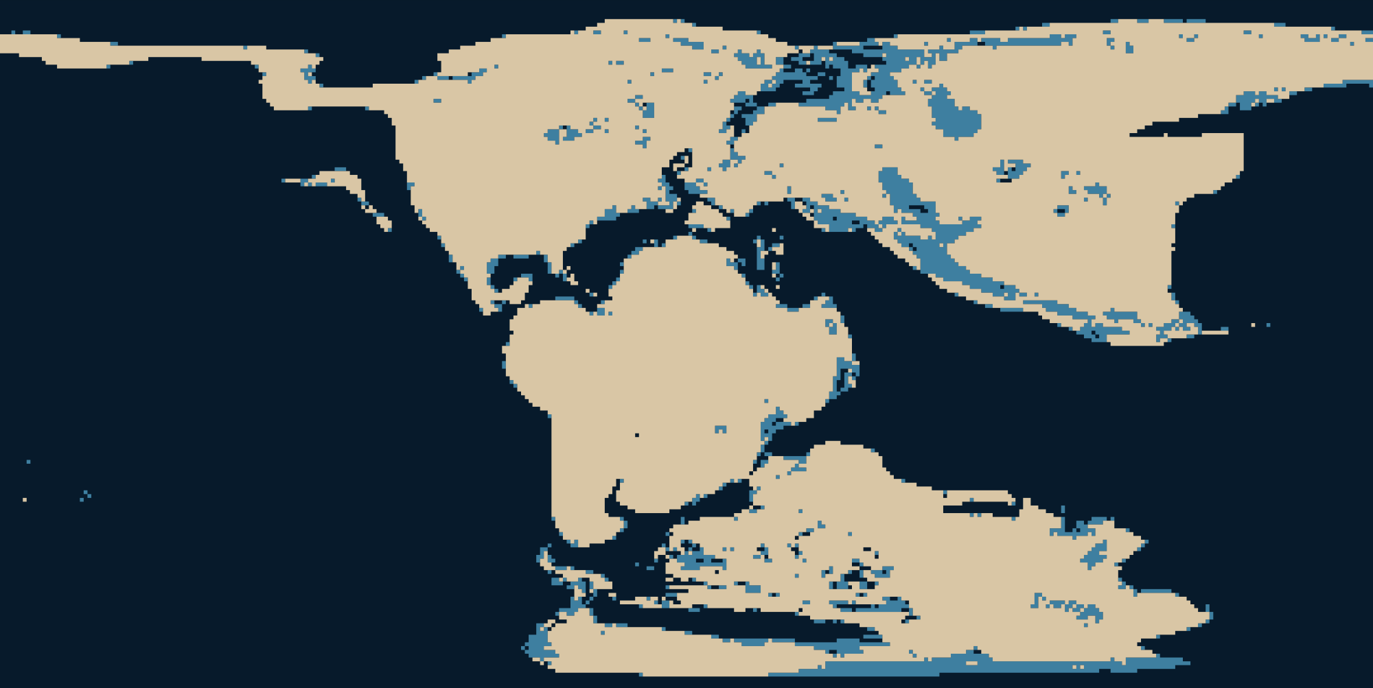 A flat world map about 145 million years ago drawn from a palaeogeographic elevation model: sand-coloured land, mid-blue shallow sea and dark-blue deep ocean.