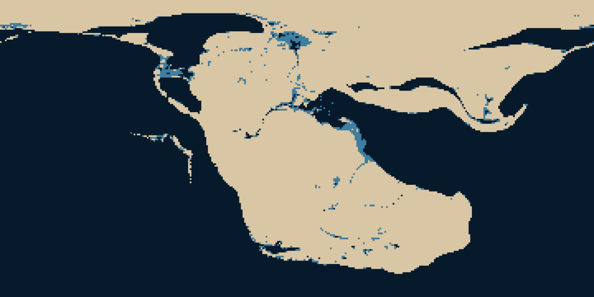 A flat world map about 200 million years ago drawn from a palaeogeographic elevation model: sand-coloured land, mid-blue shallow sea and dark-blue deep ocean. Almost all the land is gathered into one mass.