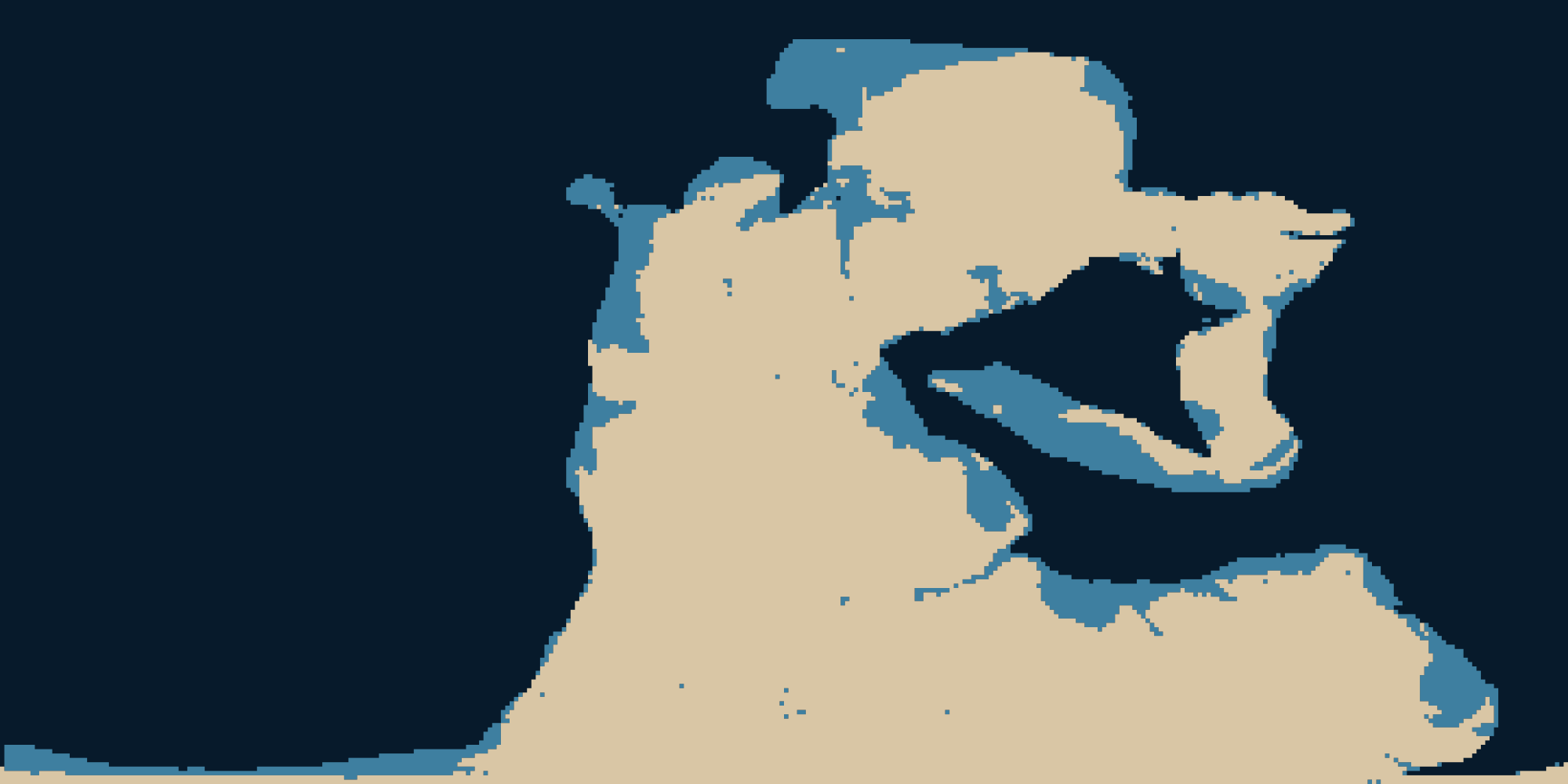A flat world map about 250 million years ago drawn from a palaeogeographic elevation model: sand-coloured land, mid-blue shallow sea and dark-blue deep ocean. Almost all the land is gathered into one mass, with ocean around it.