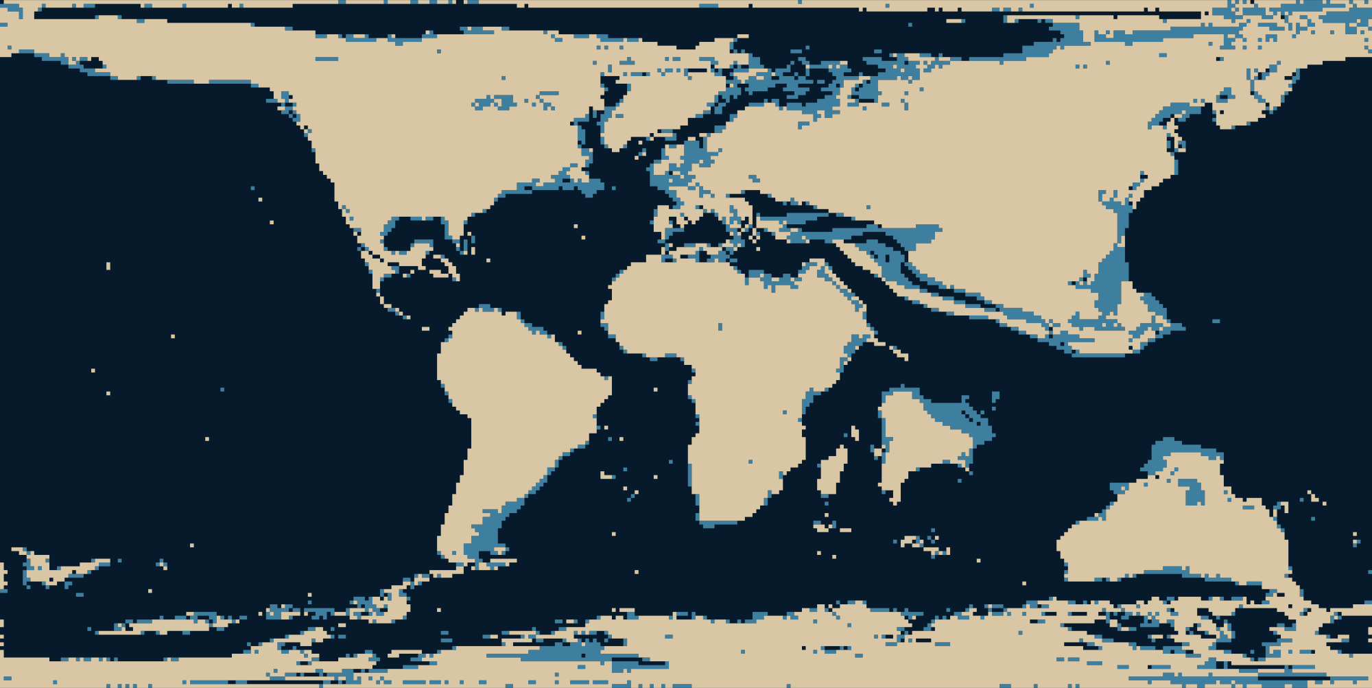 A flat world map about 70 million years ago drawn from a palaeogeographic elevation model: sand-coloured land, mid-blue shallow sea and dark-blue deep ocean.
