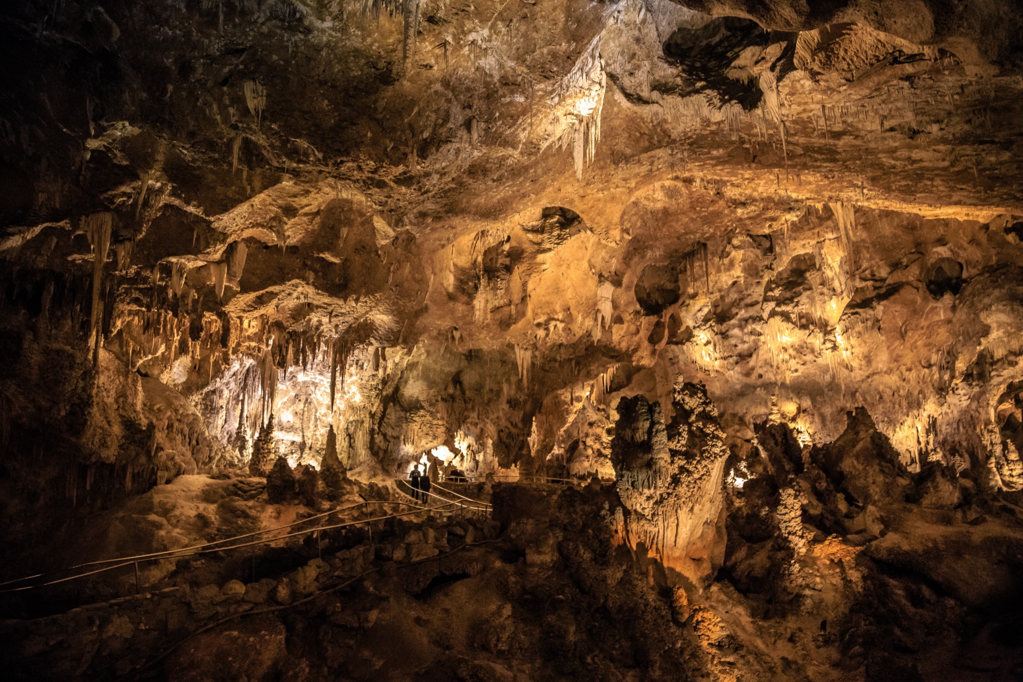 Pale limestone formations inside a cave at Carlsbad Caverns, lit from below.