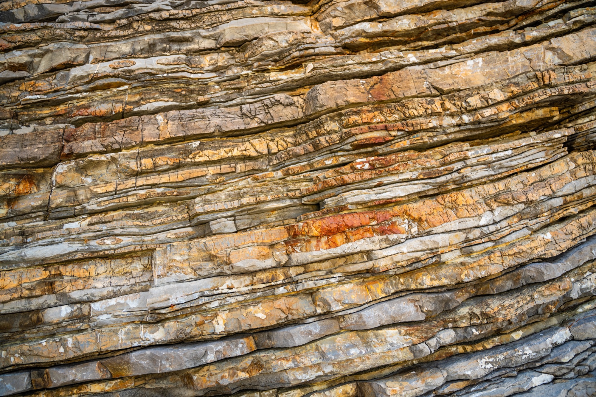 Thin tilted layers of grey and rust-brown sedimentary rock filling the frame, with cracks across them.