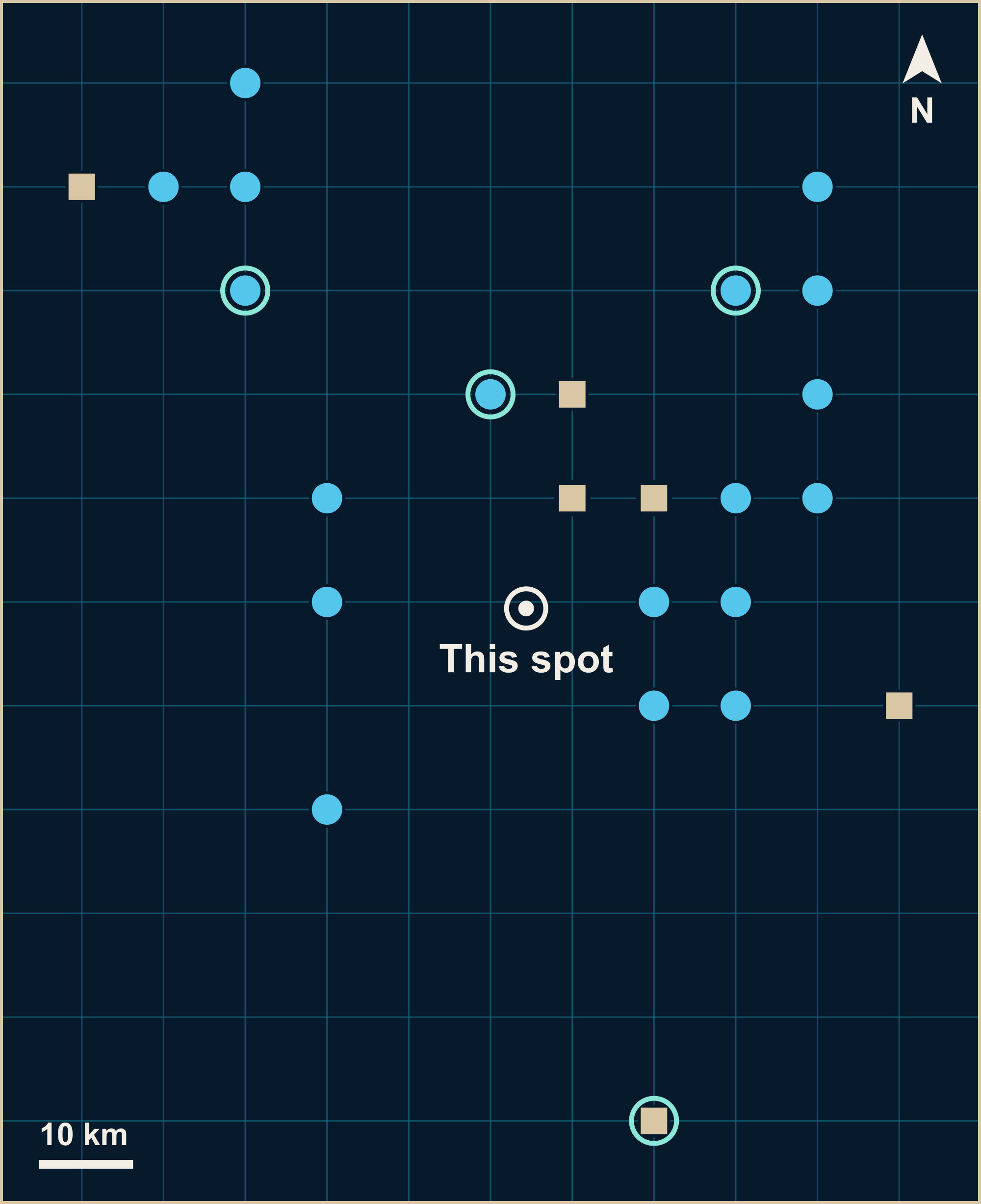 A grid map with a white pin for this spot in Kansas. Blue circles for marine fossils are spread around it; a few sand-coloured squares for land finds sit among them, and open rings around four of the marks show where some finds are unclassified.