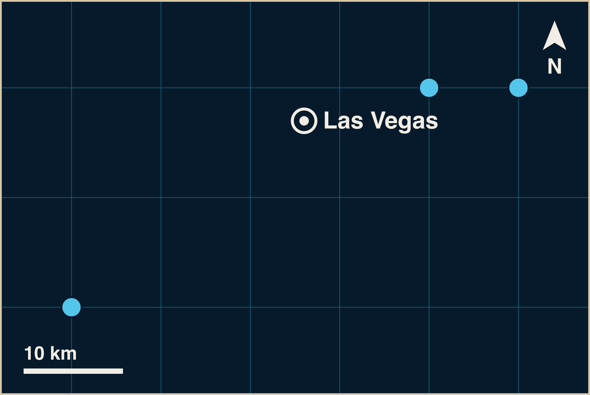 A grid map with a white pin for Las Vegas, and 3 blue circles for marine finds around it. The nearest mark sits about 13 km from the pin and the farthest about 30 km.