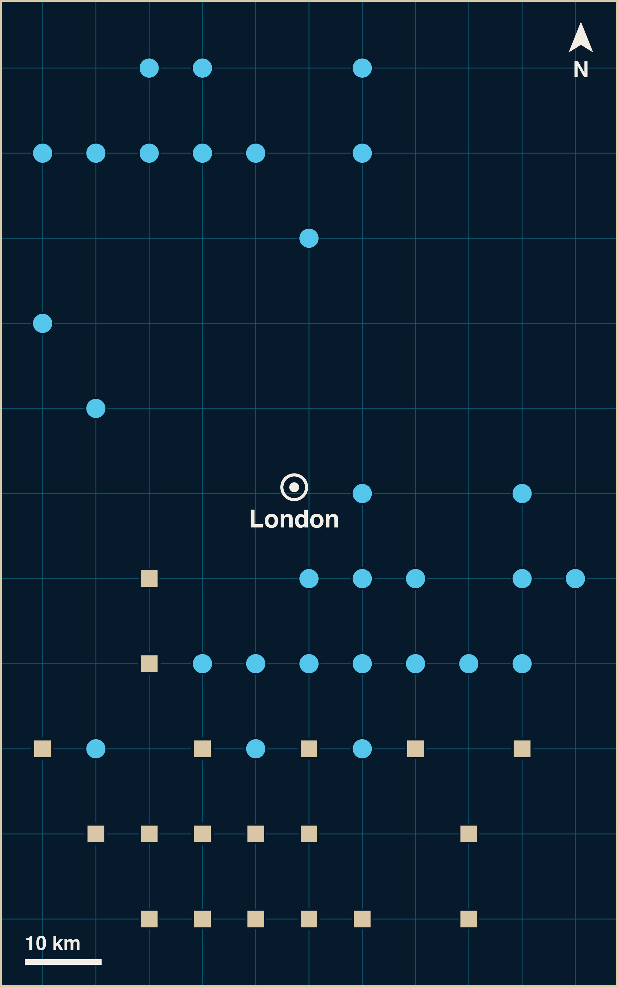 A grid map with a white pin for London, and 37 blue circles for marine finds and 19 sand-coloured squares for land finds around it. The nearest mark sits about 9 km from the pin and the farthest about 61 km.
