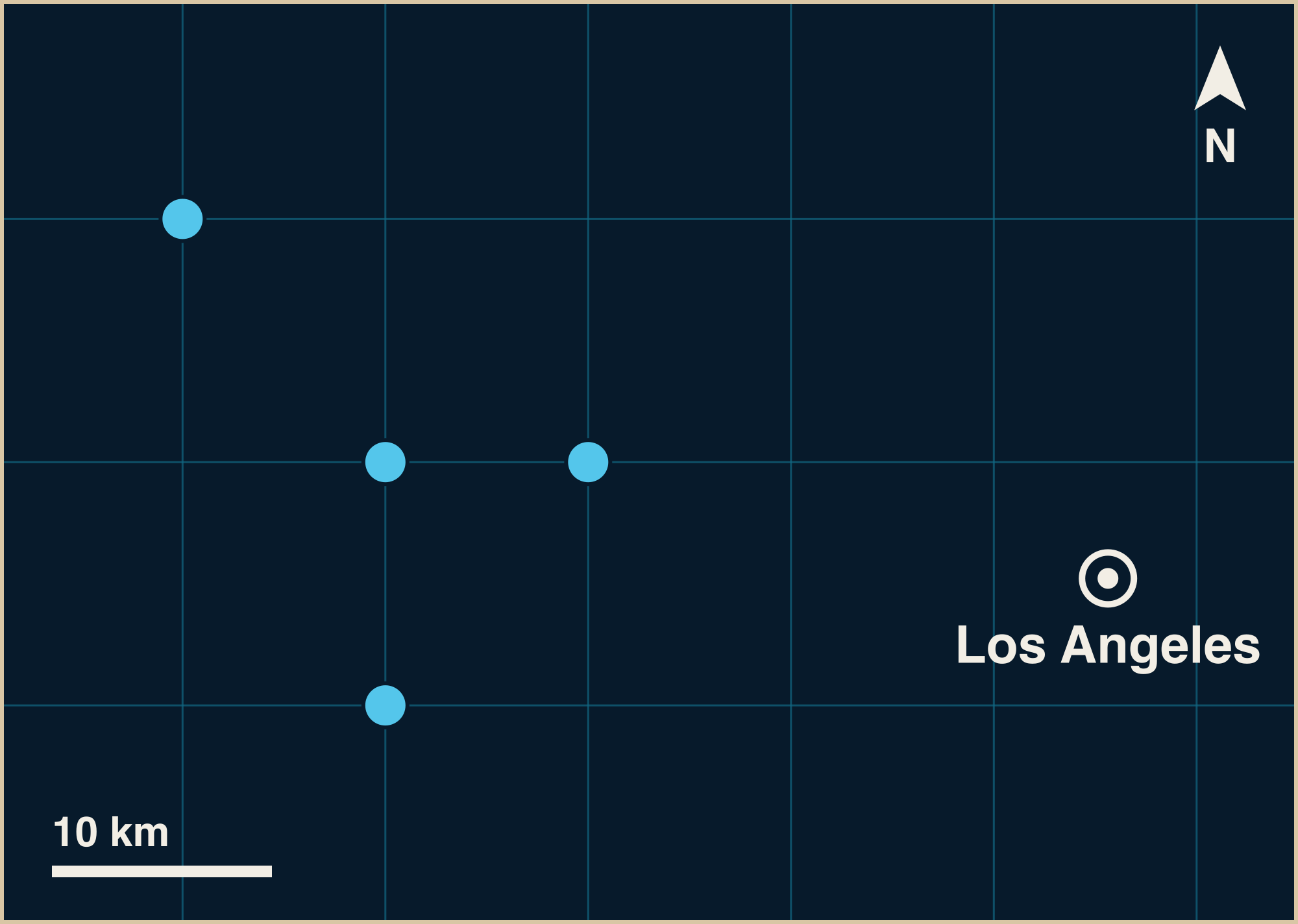A grid map with a white pin for Los Angeles, and 4 blue circles for marine finds around it. The nearest mark sits about 24 km from the pin and the farthest about 45 km.