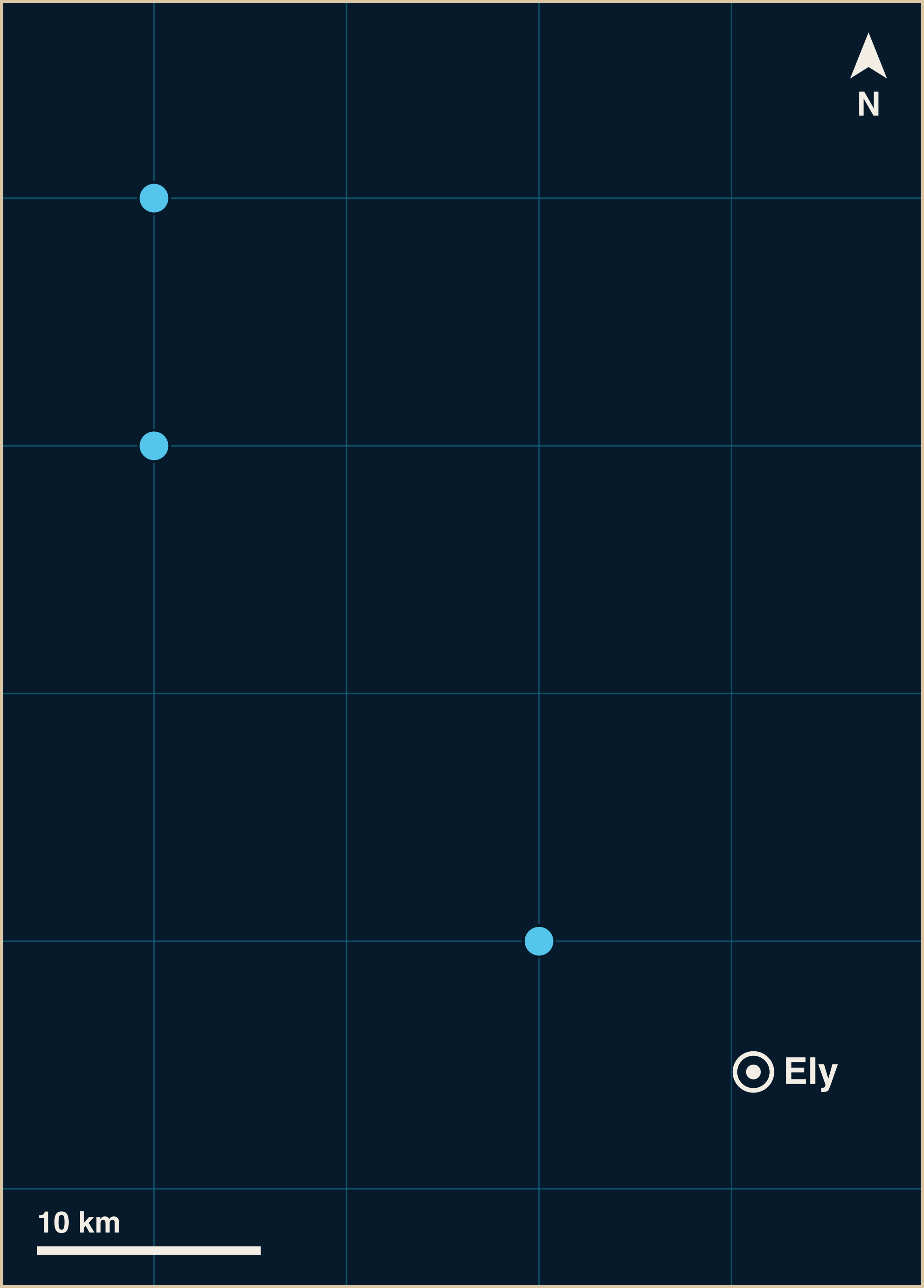 A grid map with a white pin for Ely, and 3 blue circles for marine finds around it. The nearest mark sits about 11 km from the pin and the farthest about 47 km.