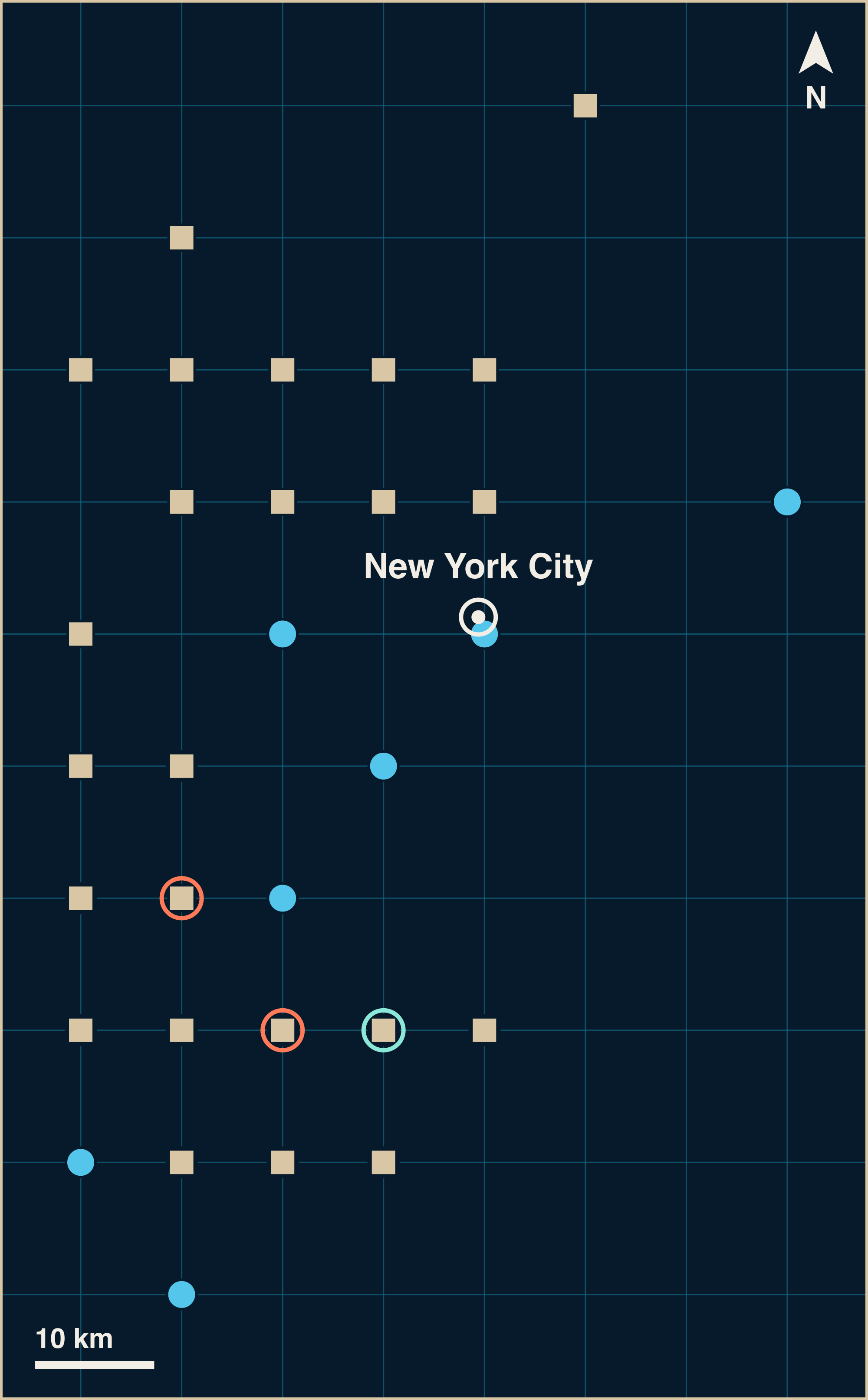 A grid map with a white pin for New York City, and 17 blue circles for marine finds, 24 sand-coloured squares for land finds, 2 orange rings for finds filed as both and 1 open green ring for unclassified finds around it. The nearest mark sits about 2 km from the pin and the farthest about 62 km.