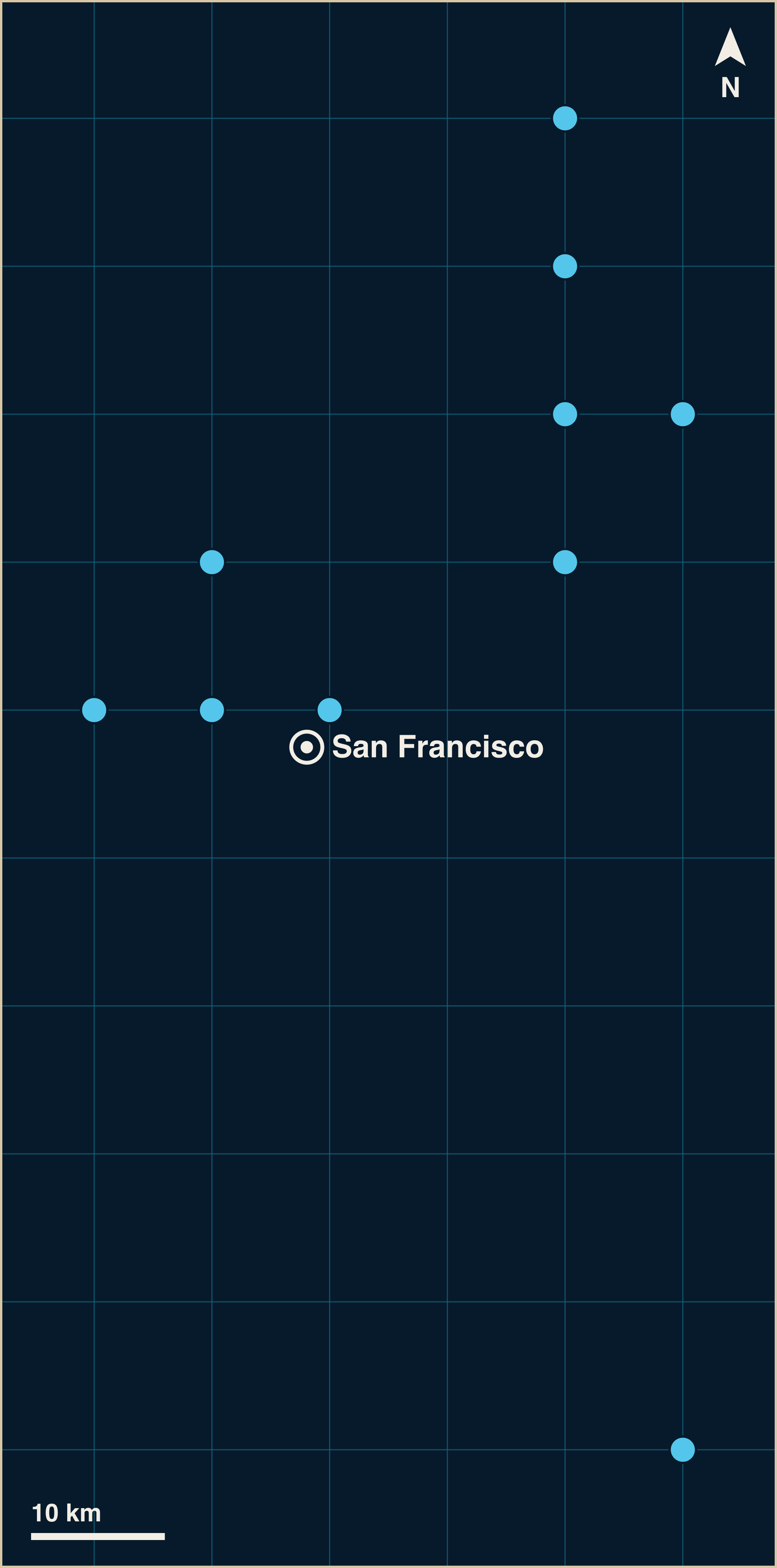 A grid map with a white pin for San Francisco, and 10 blue circles for marine finds around it. The nearest mark sits about 3 km from the pin and the farthest about 60 km.