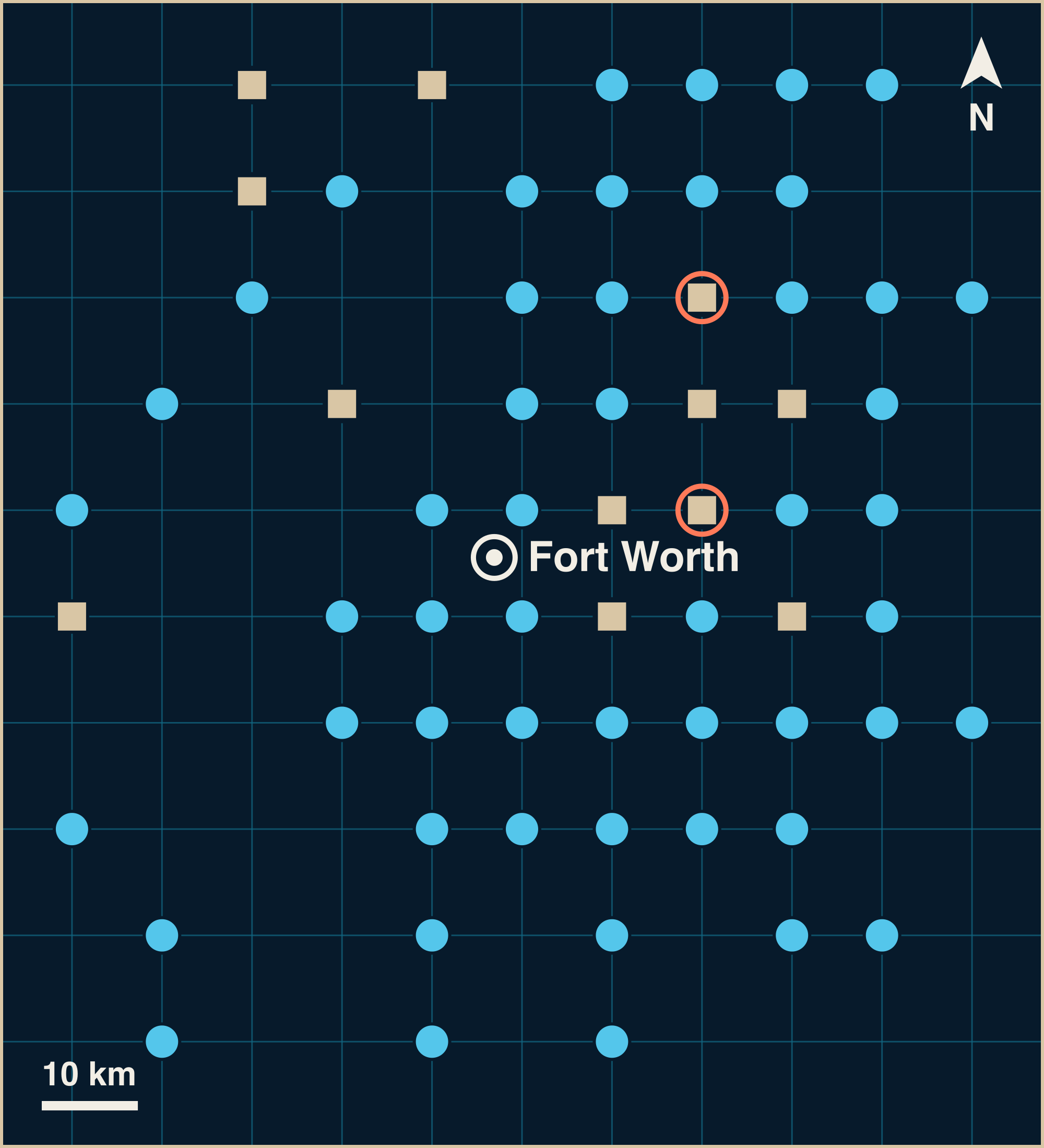 A grid map with a white pin for Fort Worth, and 61 blue circles for marine finds, 12 sand-coloured squares for land finds and 2 orange rings for finds filed as both around it. The nearest mark sits about 6 km from the pin and the farthest about 64 km.