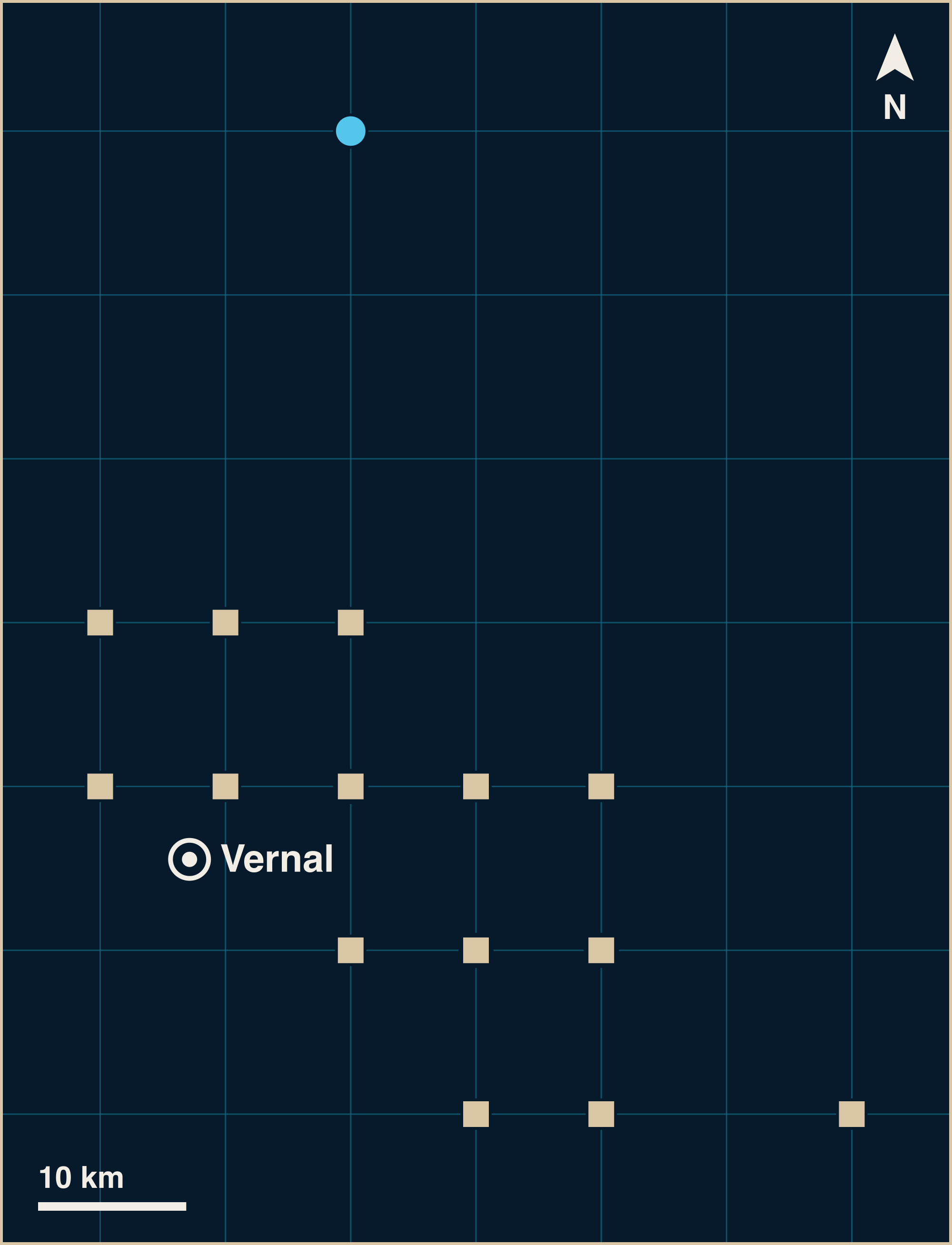A grid map with a white pin for Vernal, and 4 blue circles for marine finds and 14 sand-coloured squares for land finds around it. The nearest mark sits about 5 km from the pin and the farthest about 50 km.