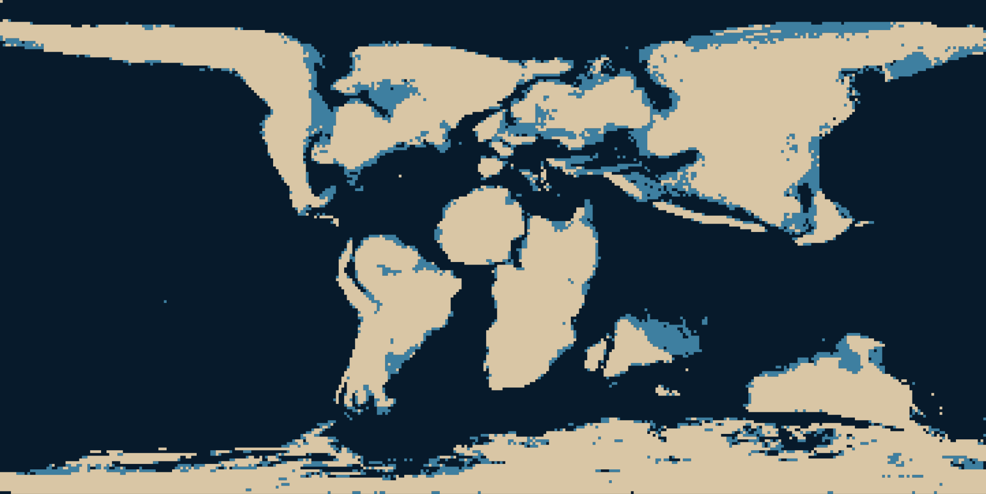 A flat world map about 90 million years ago drawn from a palaeogeographic elevation model: sand-coloured land, mid-blue shallow sea and dark-blue deep ocean. A band of shallow sea runs down the middle of North America.